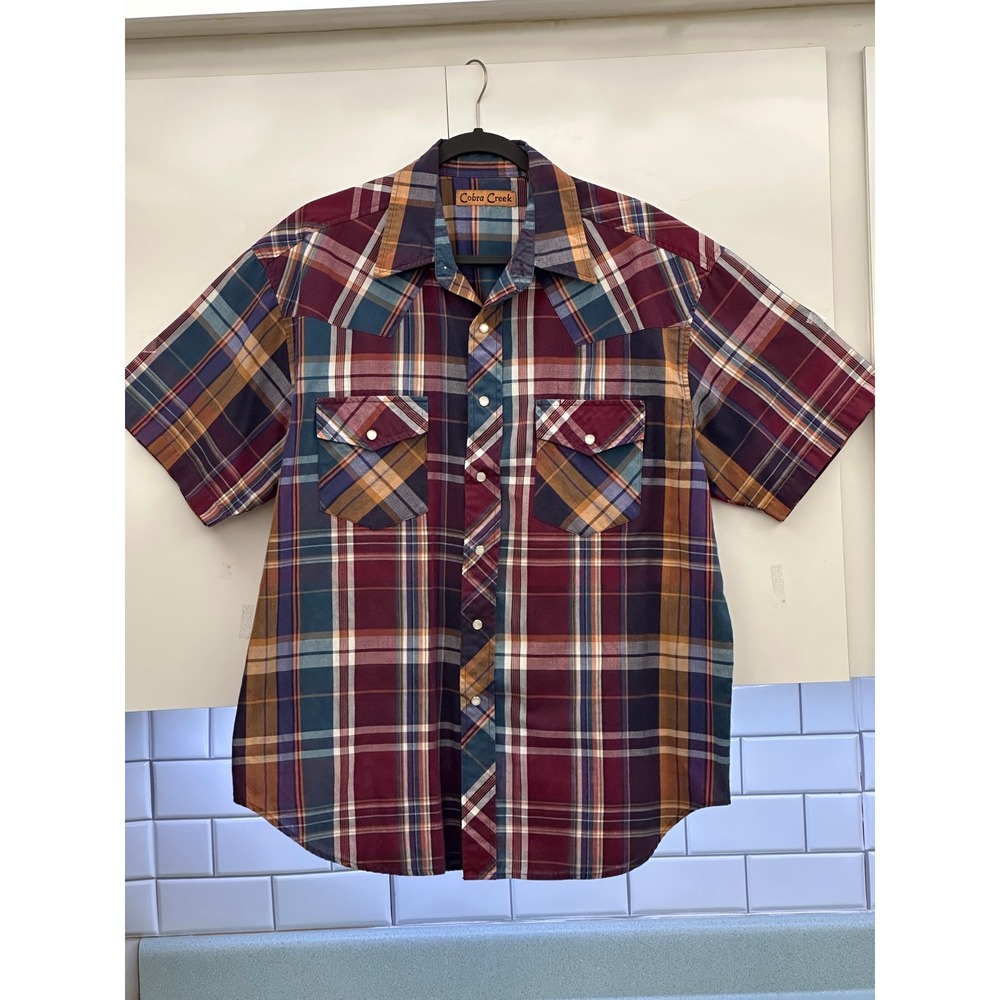 Cobra Creek Mens Large Short Sleeve Western Pearl Snap Plaid Shirt Burgundy Blue